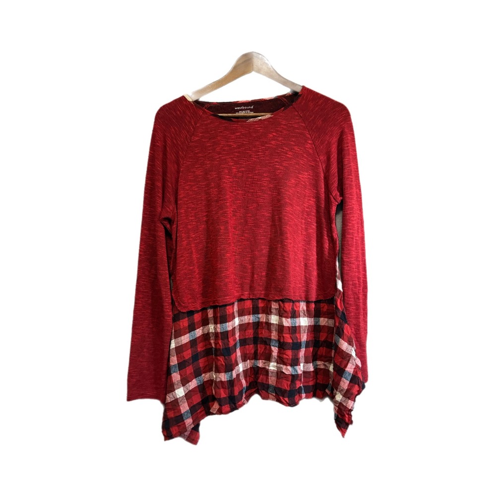 Westbound Mixed Media Top Womens Red Excellent Plaid Sharkbite Hem Tunic